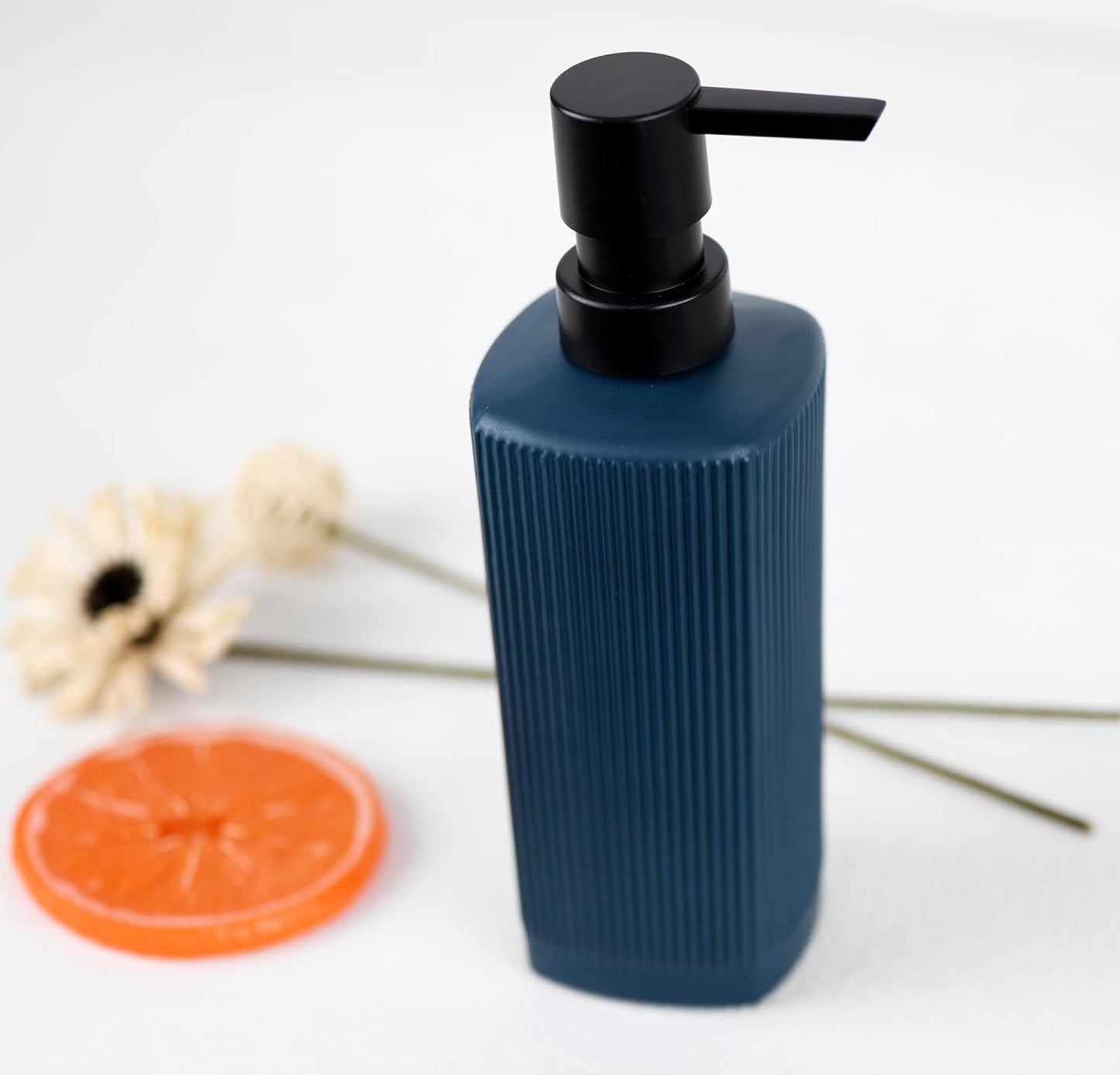 12 oz Glass Soap Dispenser with Vertical Stripe with Black Plastic Rustproof Pump, Small Refillable Soap Dispenser for Kitchen and Bathroom (Dark Blue)