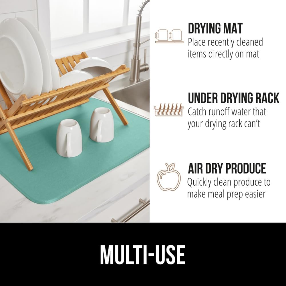 GORILLA GRIP Ultra Water Absorbent Microfiber Dish Drying Mat, 18x24, Quick Dry Thick Mesh, Slip Resistant Pad for Sink Dishes or Under Rack, Kitchen Counter Accessories, Machine Wash, 2 Pack Mint