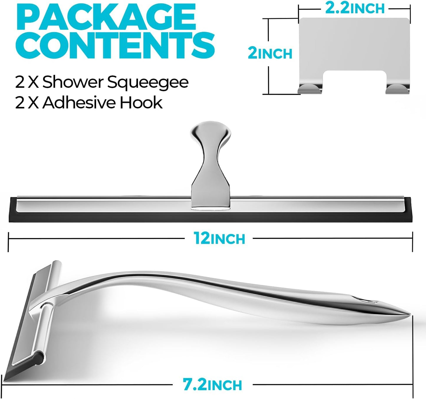 2PACK 12-Inch All-Purpose Shower Squeegee for Shower Doors, Tile Shower Walls, Bathroom, Window, Glass and Car Windshield, Mirrors and Kitchen-Stainless Steel, Silver