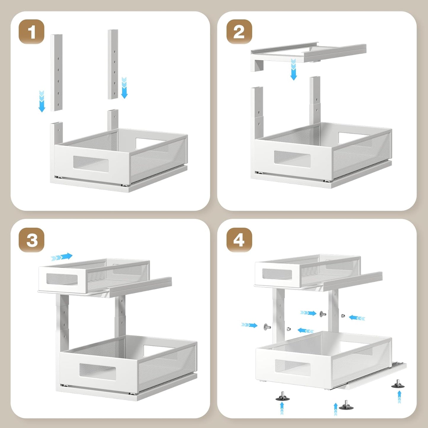 2 Pack Under Sink Organizer With Next-Gen Ball-Bearing Slides,2-Tier Pull Out Cabinet Storage,Height Adjustable Drawer Shelf for Bathroom,Kitchen,Laundry,Cabinet,Pantry(Patent Pending)