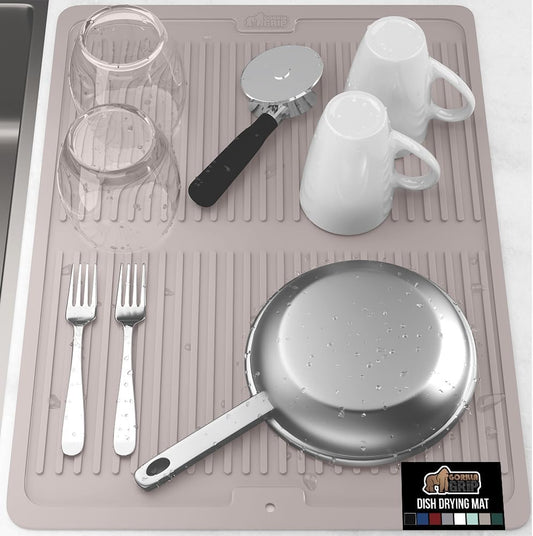 GORILLA GRIP 100% BPA-Free Patented Silicone Dish Drying Mat for Kitchen Counter, 18x24 Inch, Water Catching Ribbed Design, Easy Clean Waterproof Sink Liner, Heat Resistant, Fits Under Rack, Almond
