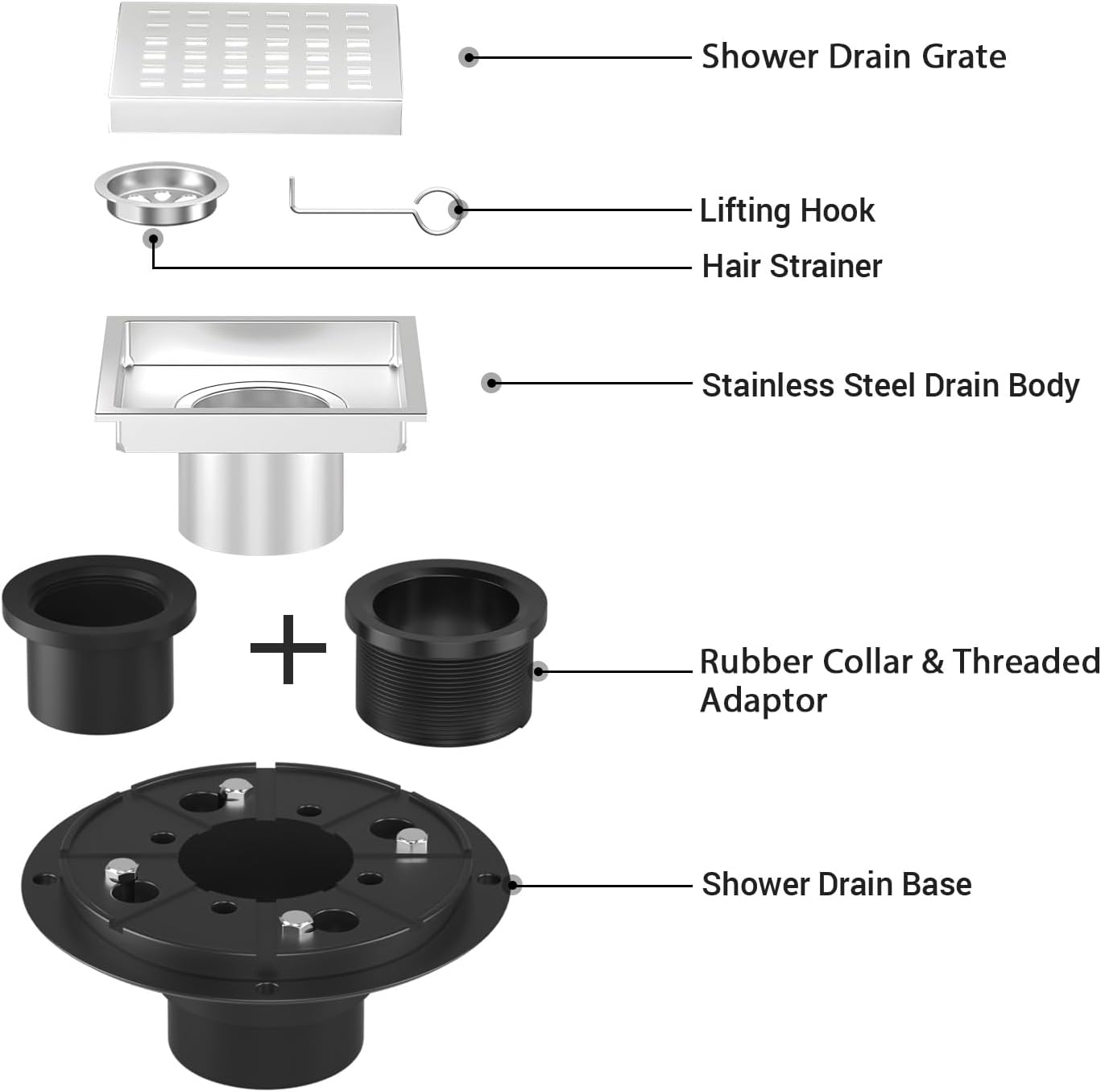 4-3/8 Inch Square Shower Floor Drain Brushed Stainless Steel Drain Kit with Flange, Removable Grid Cover, Hair Strainer