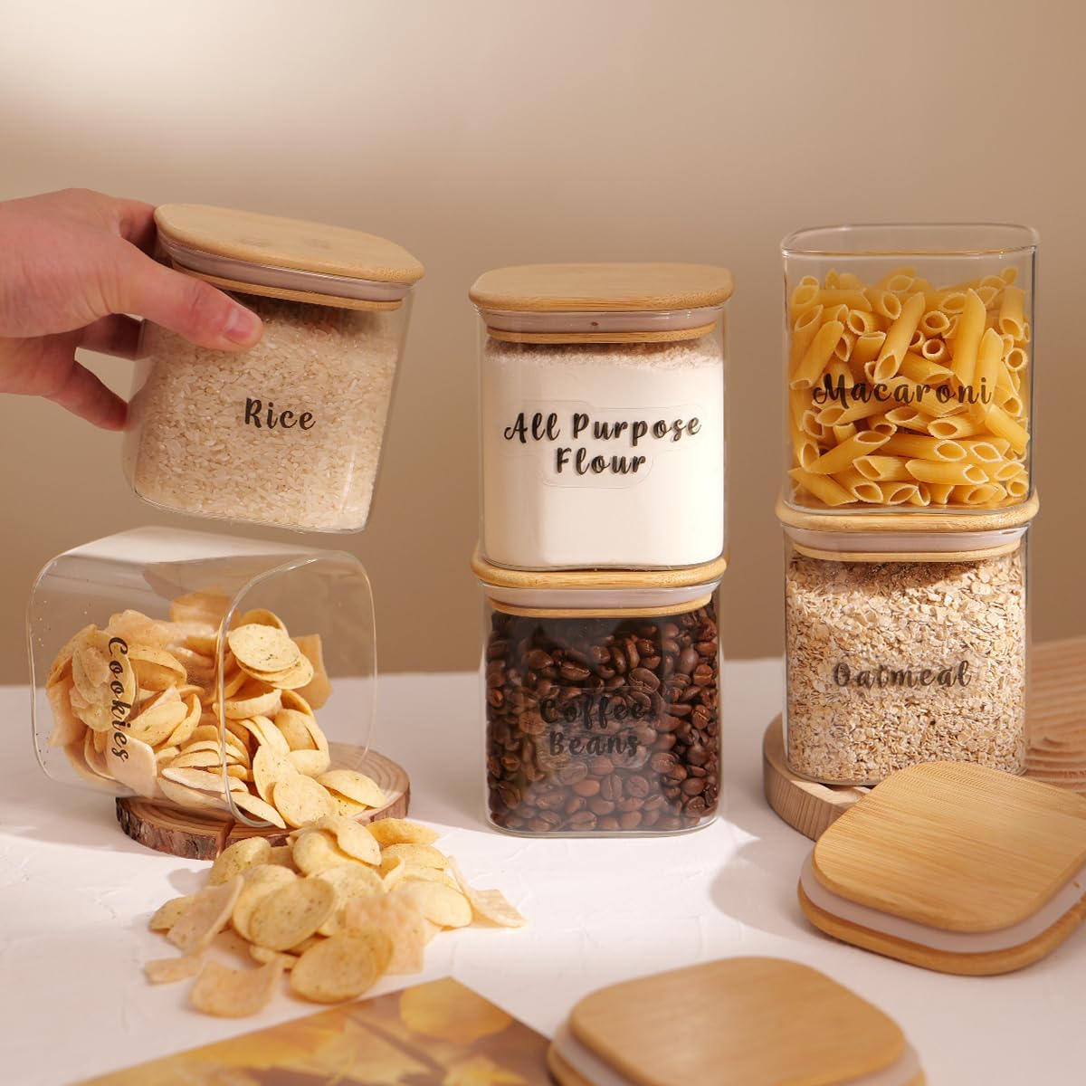 6 Pcs Square Glass Pantry Storage Containers with Bamboo Airtight Lid and 248 Clear Pantry Labels Preprinted - 24oz Thicken Glass Food Storage Jars for Coffee, Cookie, Tea, Sugar, Spice