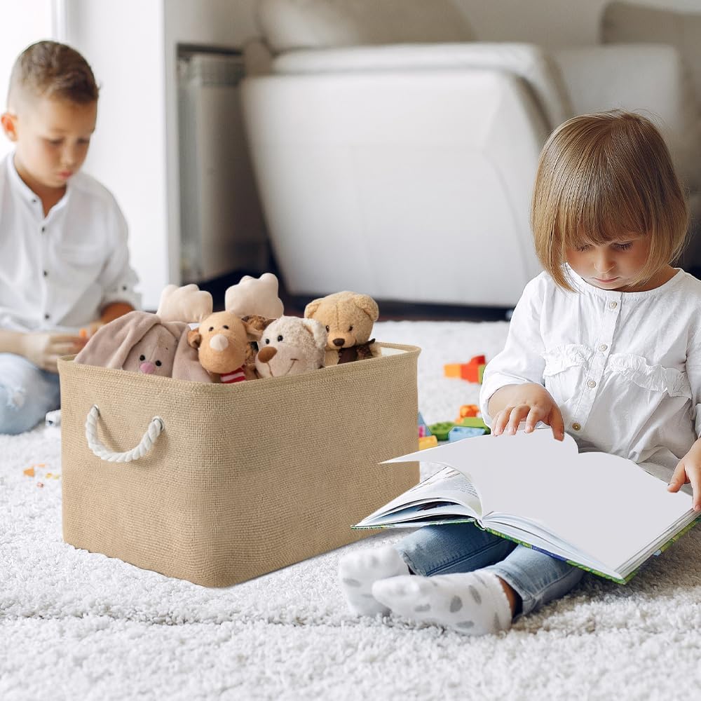 Organization and Storage Basket for Organizing - 17X15X12 inch 2 Pack Collapsible Baskets for Shelves, Fabric Storage Cubes with Rope, Storage Box for Cloth Decorative Gift (Beige)