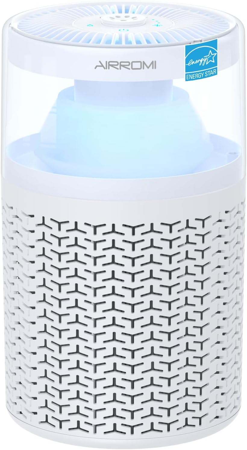 AIRROMI Air Purifiers for Bedroom Home,Up to 658 Ft²,Activated Carbon Filter Cleaner,With Fragrance Sponge for Better Sleep,Night Light,Pet Dander,Allergies,Smoke,Odor,Desktop Air Cleaner A2002 White