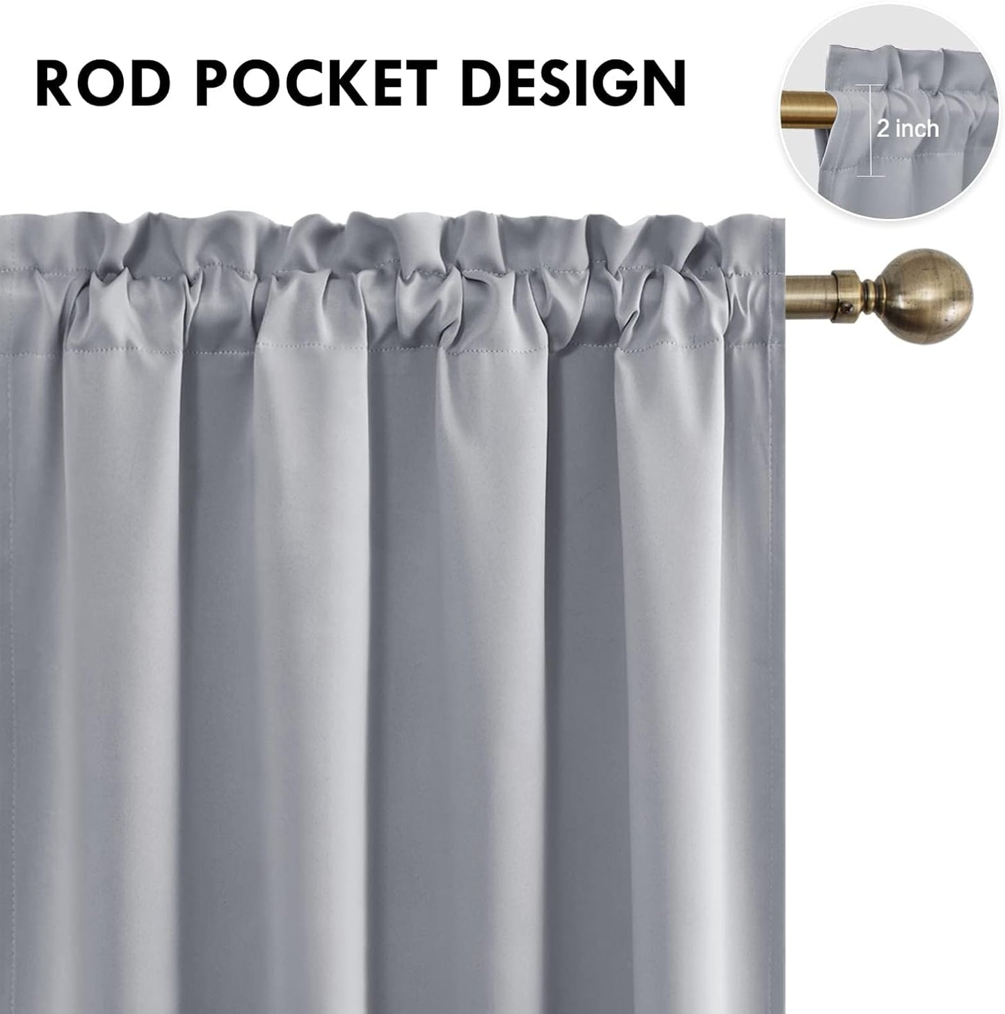 DWCN Blackout Curtains for Living Room Thermal Insulated, Energy Saving & Noise Reducing Bedroom Curtains, Silver Grey, W 52x L 36 Inch, Set of 2 Rod Pocket Curtain Panels