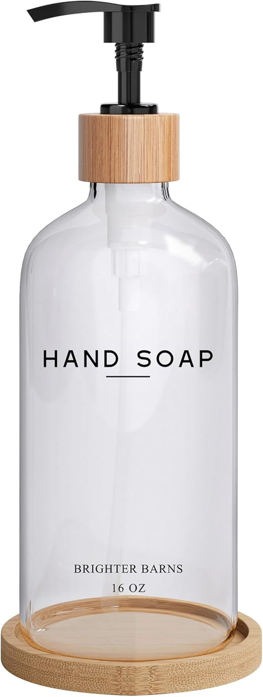 Glass Hand Soap Dispenser Bathroom Set by Brighter Barns - Hand Soap Dispenser for Kitchen Sink & Bathroom - Refillable Pump Bottle Set - Neutral Home Decor for Airbnb, Vacation Rental, Hotel (Clear)