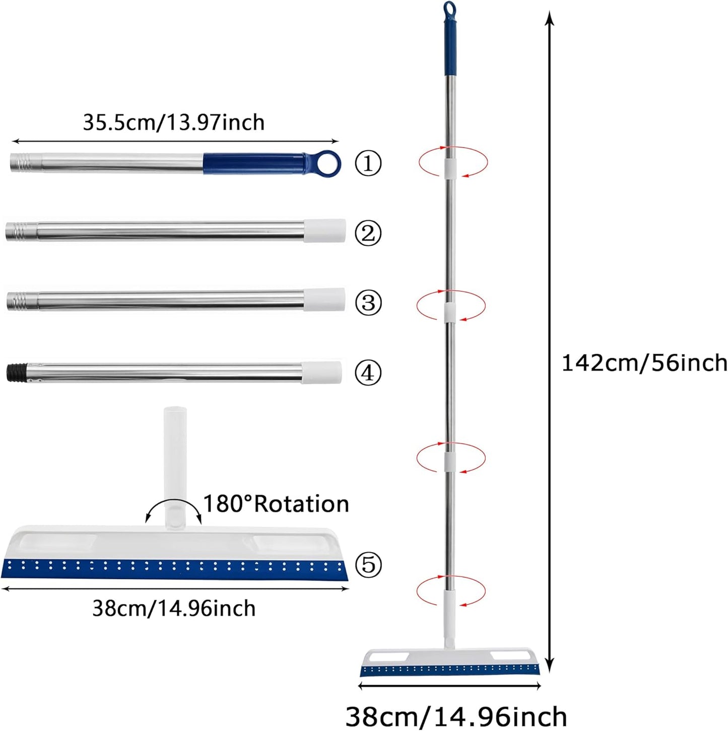 Multifunction Magic Air Broom, Silicone Broom with 56" Long Handle, 4 in 1 Rubber Squeegee Sweeper for Floor Bathroom Kitchen Shower Tile Pet Hair Fur Marble Glass Water Window Foam Cleaning (Blue)