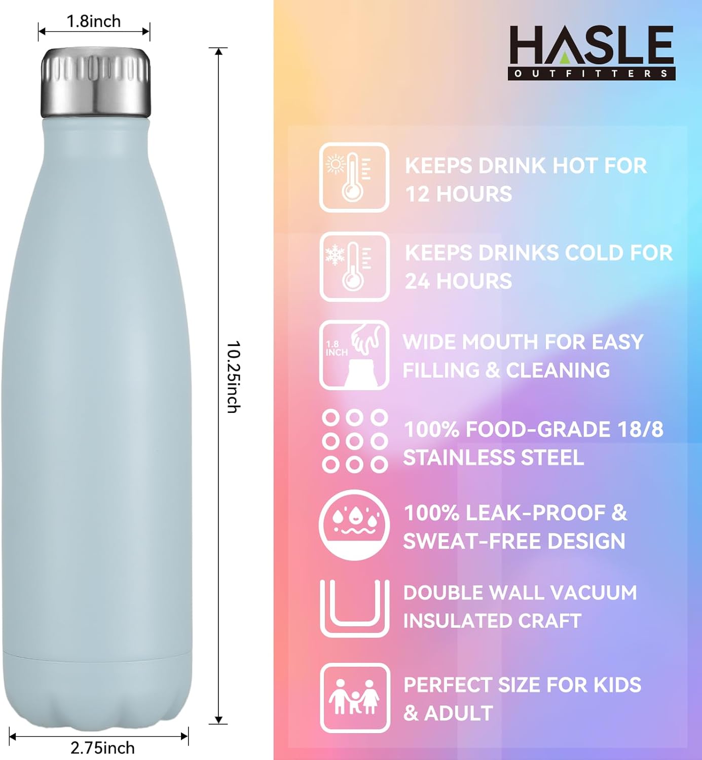 HASLE OUTFITTERS 17oz Stainless Steel Water Bottles Bulk, Vacuum Insulated Water Bottles Double Walled Reusable Metal Sports Water Bottles Keep Drinks Hot and Cold, Light Blue, 8Packs