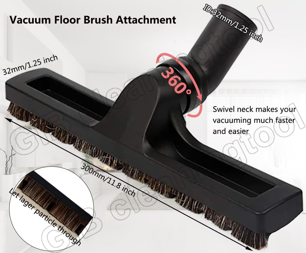 GIB Hardwood Floor Brush 32mm 1 1/4 inch 360 Degrees Swivel Head 12in Wide Multi Surface Vacuum Attachment