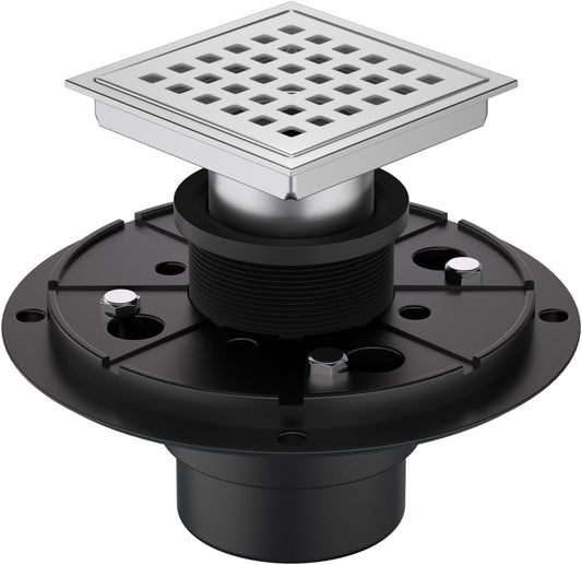 4-3/8 Inch Square Shower Drain Chrome, Bathroom Floor Drain, Stainless Steel Drain Kit with ABS Flange, Removable Grid Cover, Hair Strainer