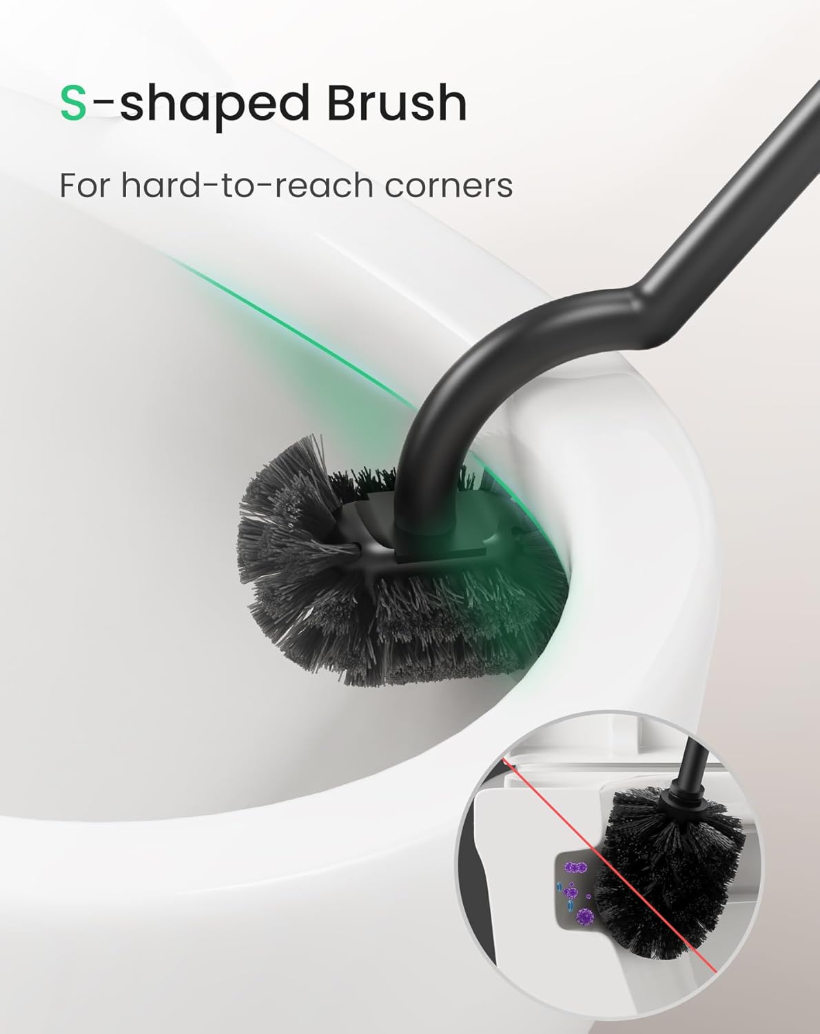 Cesun Toilet Brush and Holder Set - Curved Design Toilet Brush for Deep Cleaning Under Rim, 304 Stainless Steel Toilet Bowl Brush and Holder for Bathroom, Rv, Silver(2 Replaceable Brush Head Included)