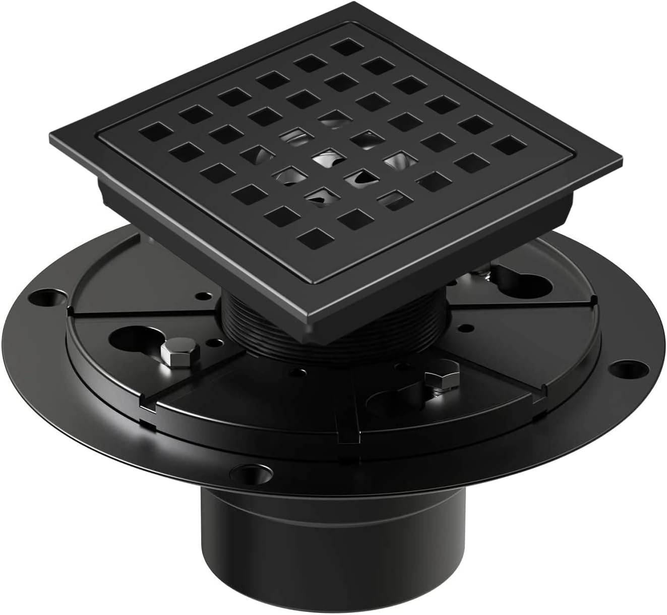 4-3/8 Inch Shower Drain Matte Black, Square Bathroom Floor Drain, Stainless Steel Drain Kit with Flange, Removable Grid Cover, Hair Strainer