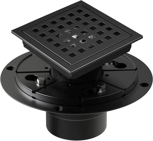 4-3/8 Inch Shower Drain Matte Black, Square Bathroom Floor Drain, Stainless Steel Drain Kit with Flange, Removable Grid Cover, Hair Strainer