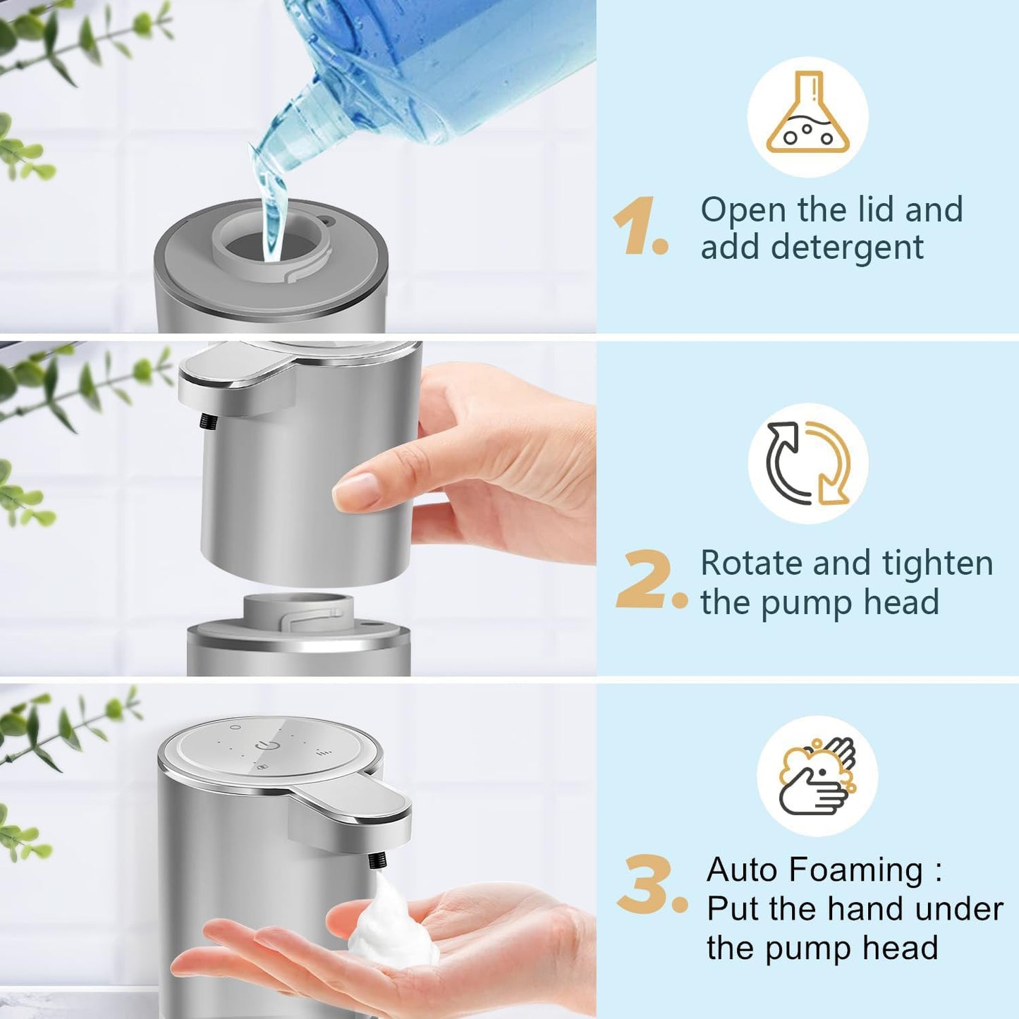 Automatic Foaming Soap Dispenser - Hand Free Pump Touchless Soap Dispenser USB Rechargeable Dispenser with 380ml, 4levels Adjustable Dispenser for Bathroom Kitchen