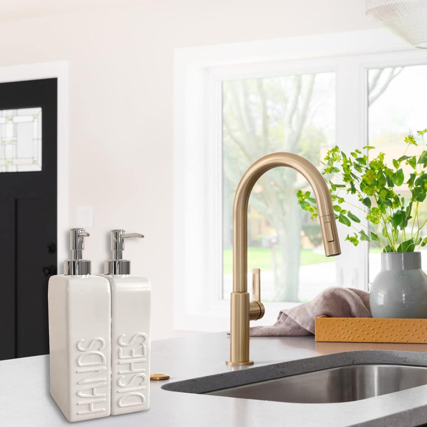 Soap Dispenser Set with Stainless Steel Pump, 2 Pack Ceramic Refillable Dish Soap and Hand Soap Dispenser for Kitchen, Bathroom, Matte White