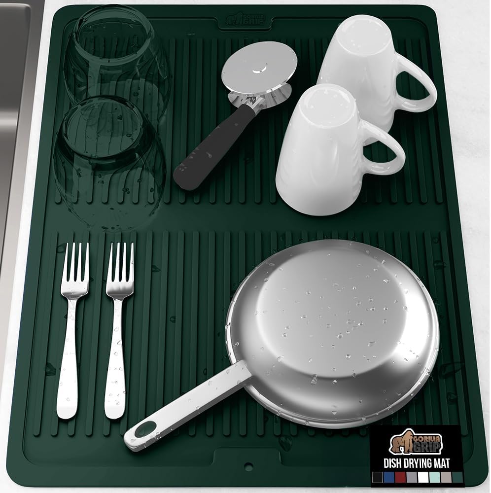 GORILLA GRIP 100% BPA-Free Silicone Dish Drying Mat for Kitchen Counter, 18x24, Quick Dry, Water Catching Ribbed Design, Easy Clean Waterproof Sink Liner, Heat Resistant, Fits Under Rack, Hunter Green
