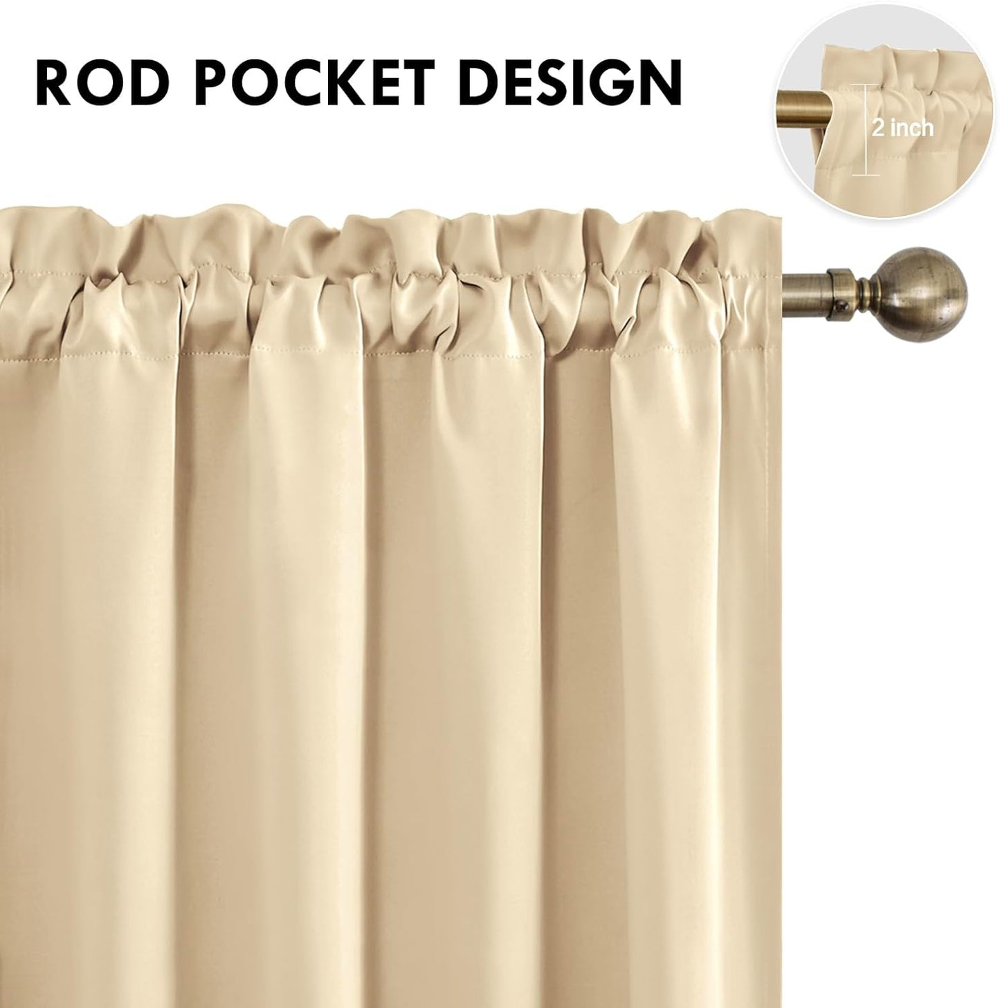 DWCN Beige Curtains for Bedroom Thermal Insulated Room Darkening Drapes for Living Room Rod Pocket Light Blocking Solid Window Treatment, W 42 x L 63 Inch, 2 Panels, Beige