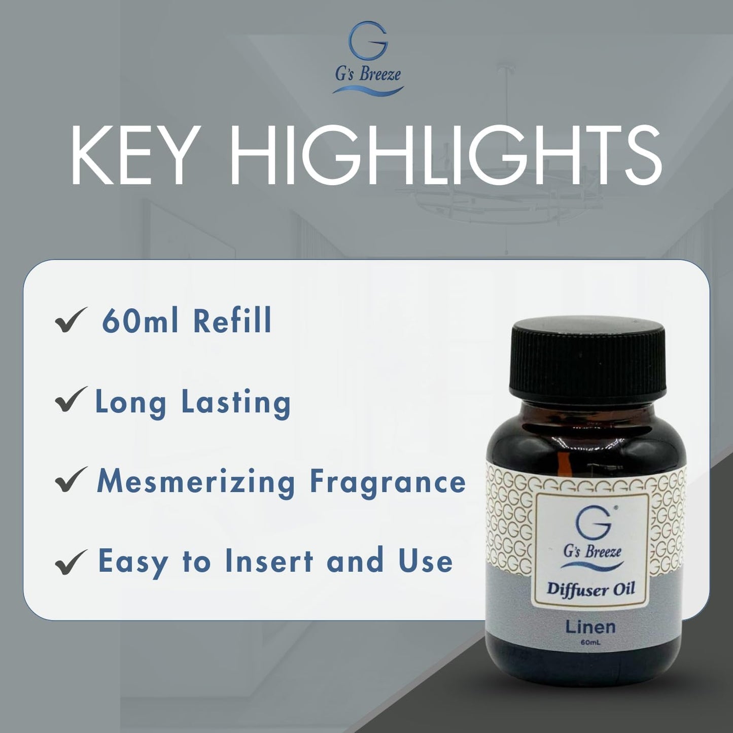 G's Breeze Linen Diffuser Oil Refill - Crisp, Clean Fragrance with Cotton & Floral Notes - Inviting & Fresh Scent for Any Space – Ideal for Home & Office – Long-Lasting Freshness Aroma - 60 ML