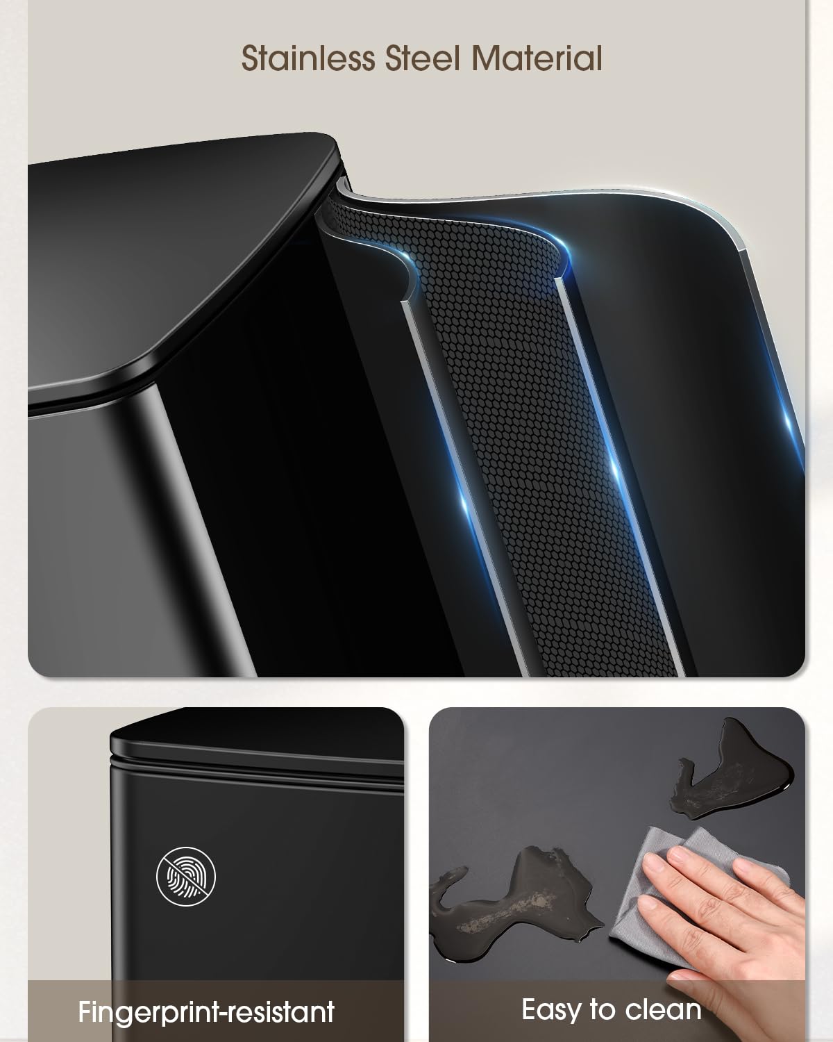 Lovewind Kitchen Trash Can with Lid, 5.2 Gallon/20 L Footstep Garbage Can for Kitchen Bedroom Home Office, 20 Liter Trash Bin Brushed Stainless Steel Waste Bin with Soft-Close Lid,Black