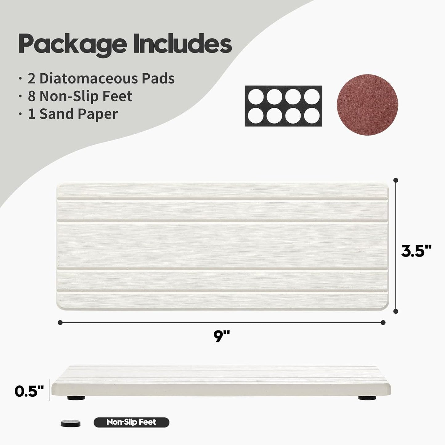 2PCS Diatomite Quick Stone Drying Tray Mat for Bathroom & Kitchen Counter, Instant Dry Water Absorbent Drink Bar Coaster,Vanity Sink Caddy Organizer,Dish Soap Sponge Holder, White,9"x3.5"