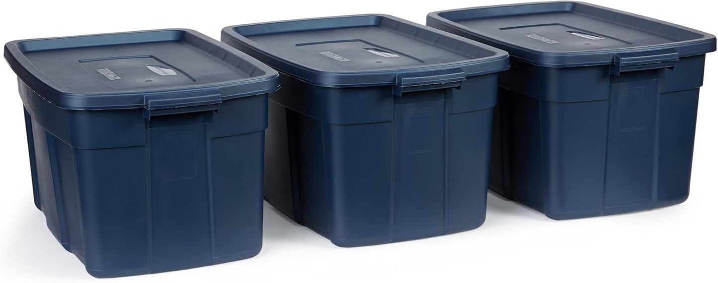 Rubbermaid Roughneck Tote 31 Gal, 3 Pack, Made in USA, Dark Indigo Metallic, Rugged Plastic Stackable Storage Bins with Lids and Handles
