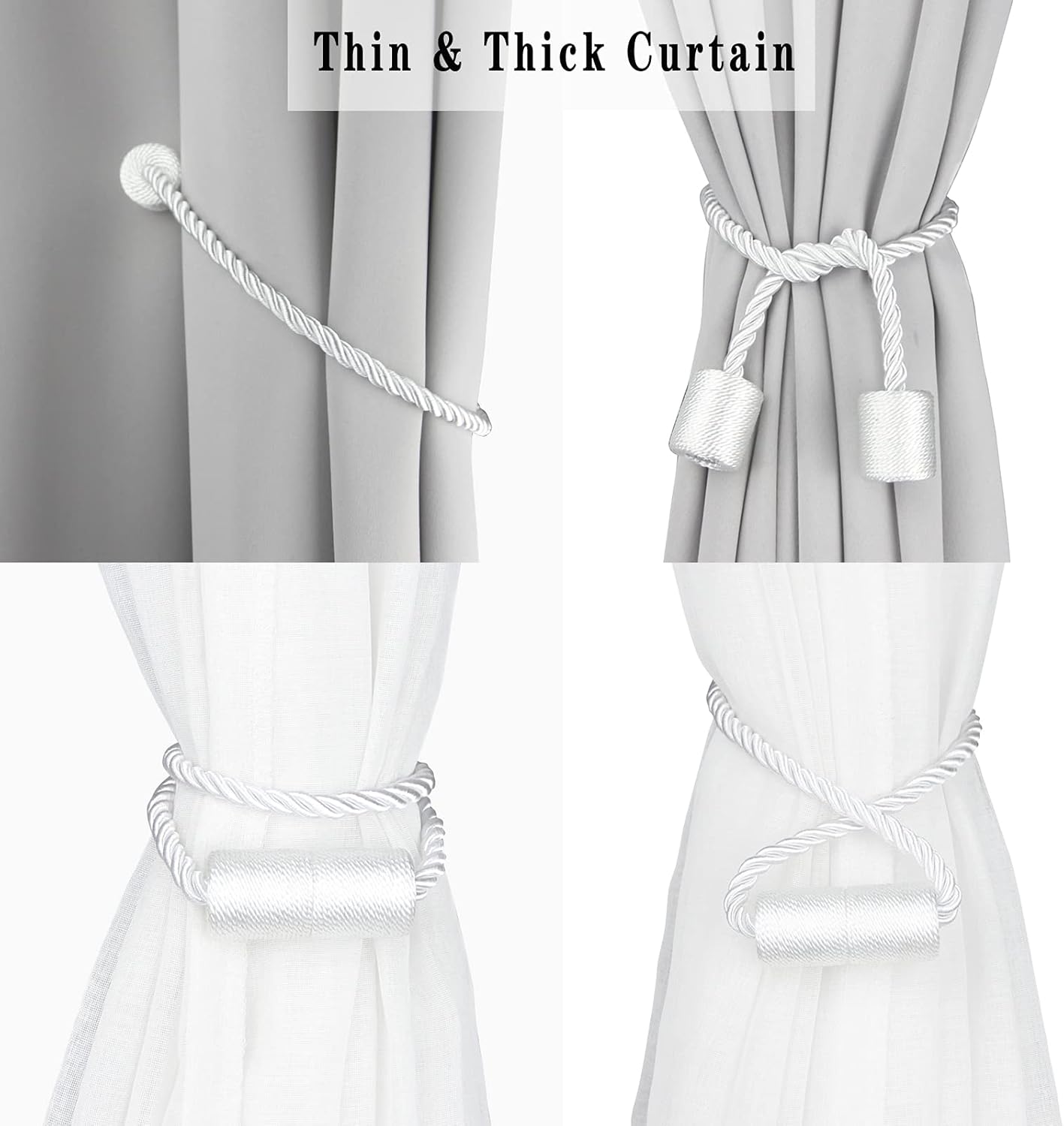 4 Pack White Strong Magnetic Curtain Tiebacks Outdoor Elegant Decorative Tie Backs Modern Rope Tiebacks for Drapes Window Curtain Holdbacks for Draperies