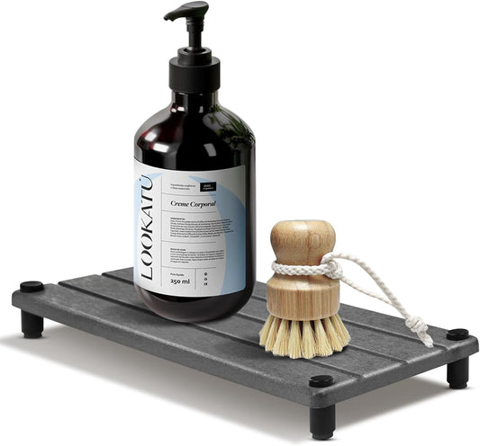 Water Absorbing Stone Tray, Fast Drying Sink Tray for Bathroom & Kitchen Counter, Diatomite Absorbent Coasters, Instant Dry Sink Caddy Organizers Mat, Dish Soap Dispenser Sponge Holder, Dark Gray