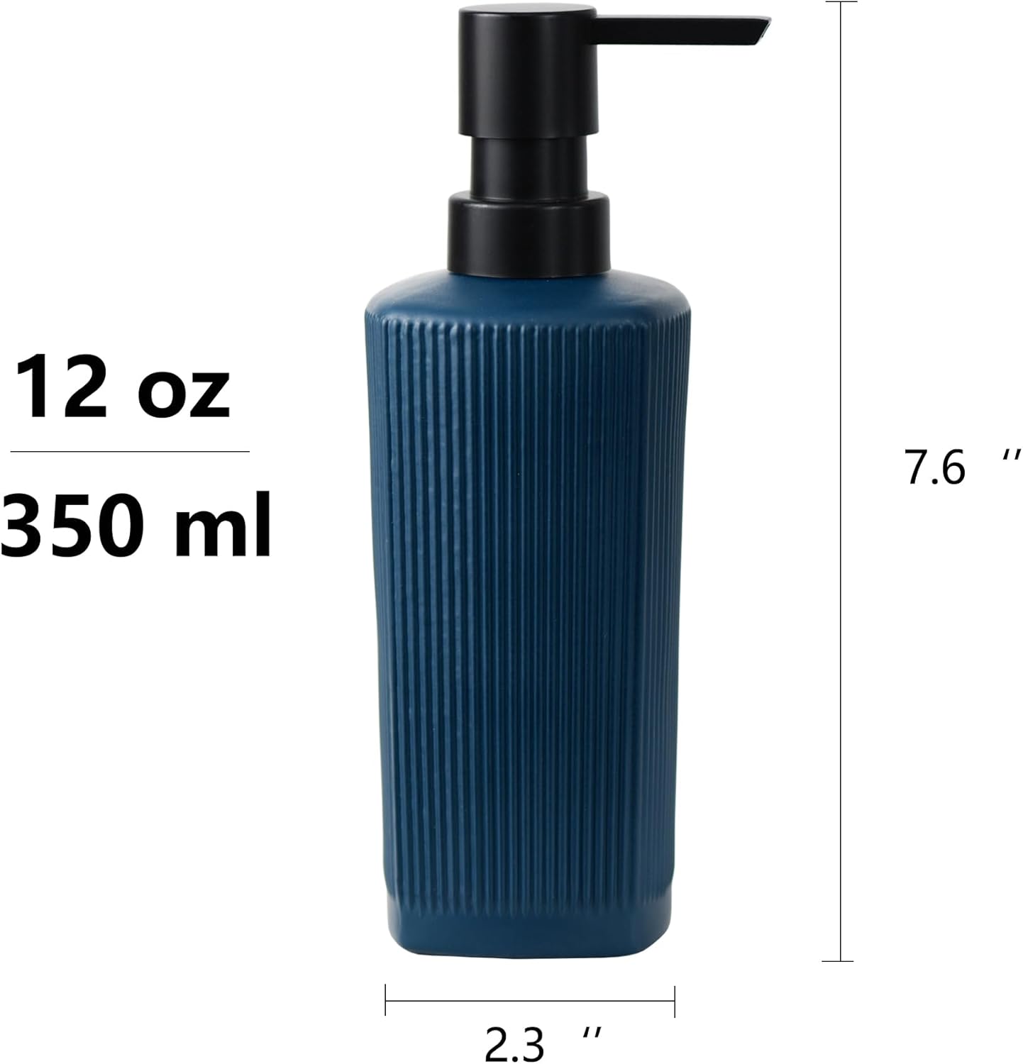 12 oz Glass Soap Dispenser with Vertical Stripe with Black Plastic Rustproof Pump, Small Refillable Soap Dispenser for Kitchen and Bathroom (Dark Blue)