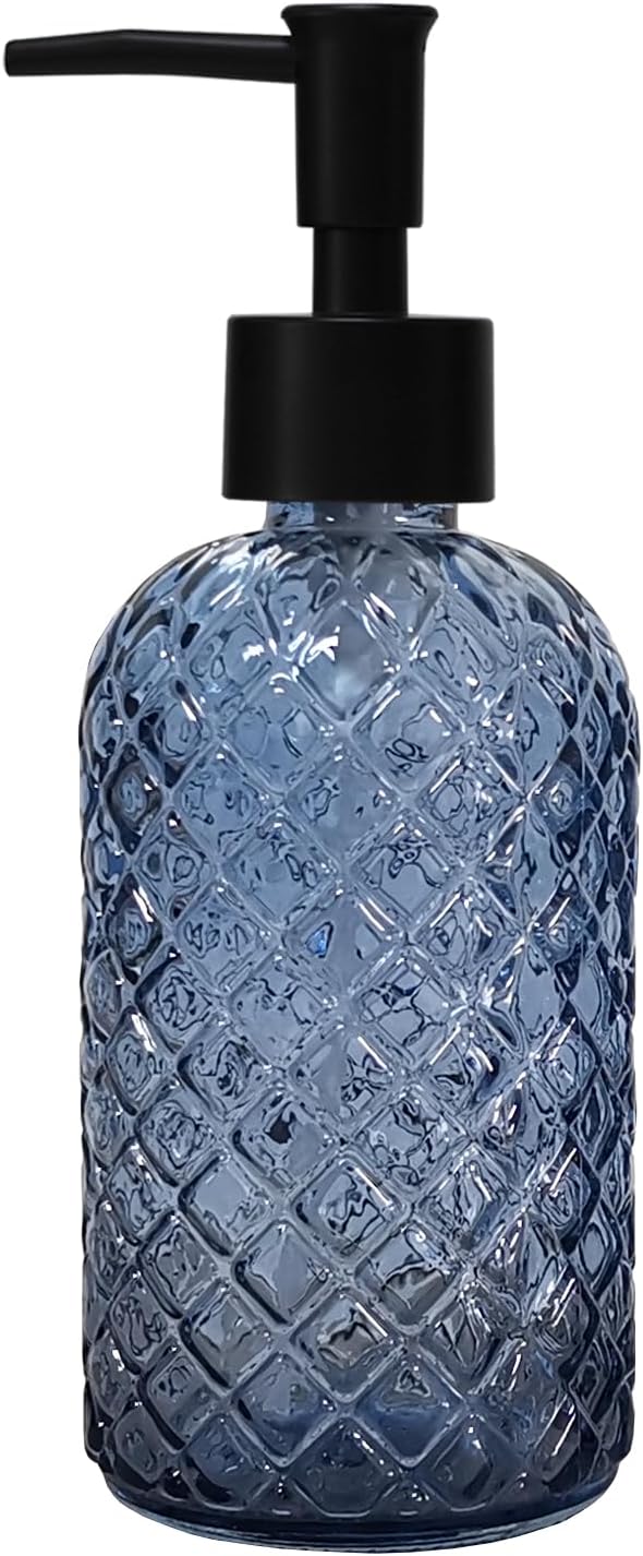 Blue Glass Dish Soap Dispenser for Kitchen, 12oz Refillable Liquid Hand Soap Dispenser Set, Crystal Lotion Bottle for Modern Home Decor, Bathroom Countertop, Hotel