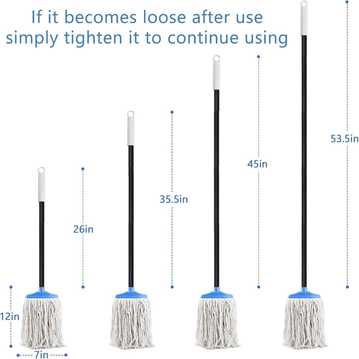 Indoor Cotton Mops for Floor Cleaning - Indoor Cleaning Mop for Wood Floors, Tile, Hardwood Floor, 52" Adjustable Iron Handle Regular Mops to Clean Living Room, Kitchen, and Bathroom. (Blue White