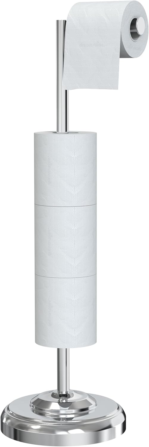 Freestanding Toilet Paper Holder Stand with Storage – Holds 4 Extra Rolls – Chrome Toilet Paper Holder for Bathroom – Sturdy Base, Classic Retro Style, Space-Saving Bathroom Storage Organizer