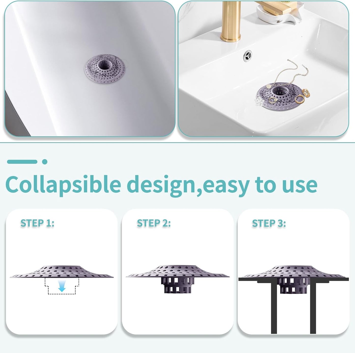 Shower Hair Drain Catcher, Silicone Bathtub Drain Hair Catcher Strainer, All-in-one Tub Hair Catcher Drain Protector for 1.48'' to 1.76'' Regular Drains, 3PCS/Black Aqua Purple