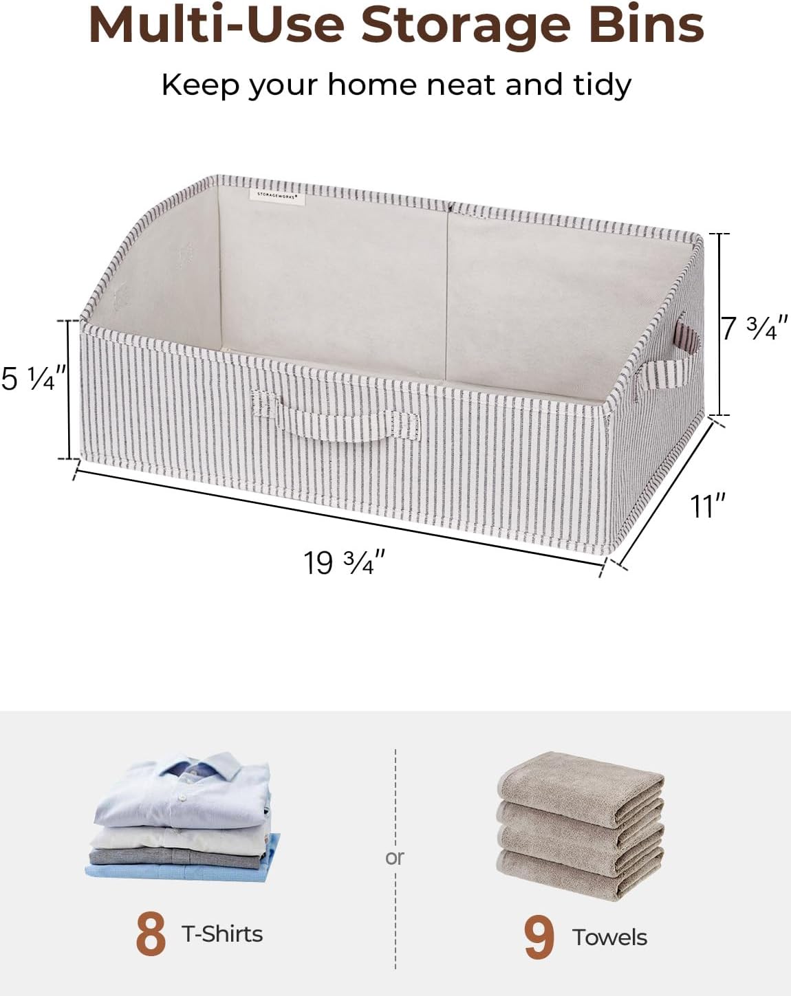 StorageWorks Closet Storage Bins, Trapezoid Organizer Box for Shelves, Fabric Clothes Bin, Foldable Organizing Baskets with Handles, Large, Khaki and Beige Stripes, 3-Pack