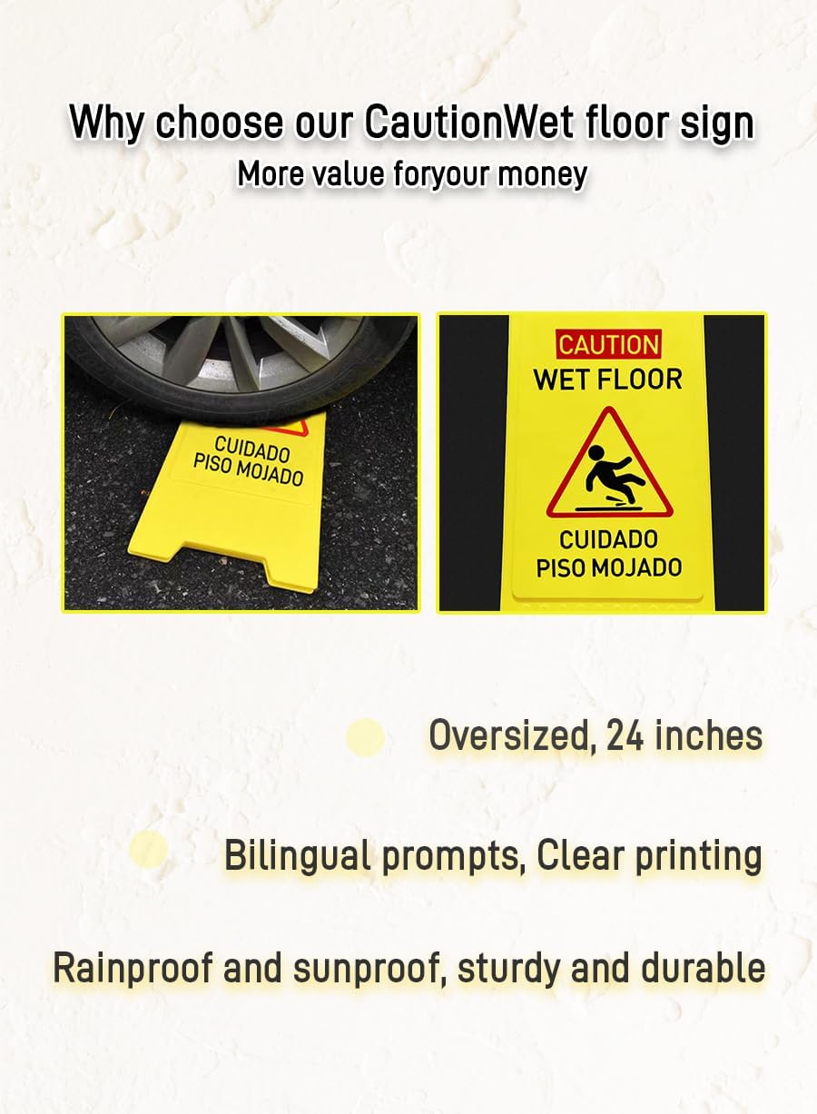 1-Pack Caution wet floor sign, 24 in. (approx. 60 cm) Height,Bright Yellow Double-Sided Folding A-Shaped Frame Design, Bilingual Caution Message