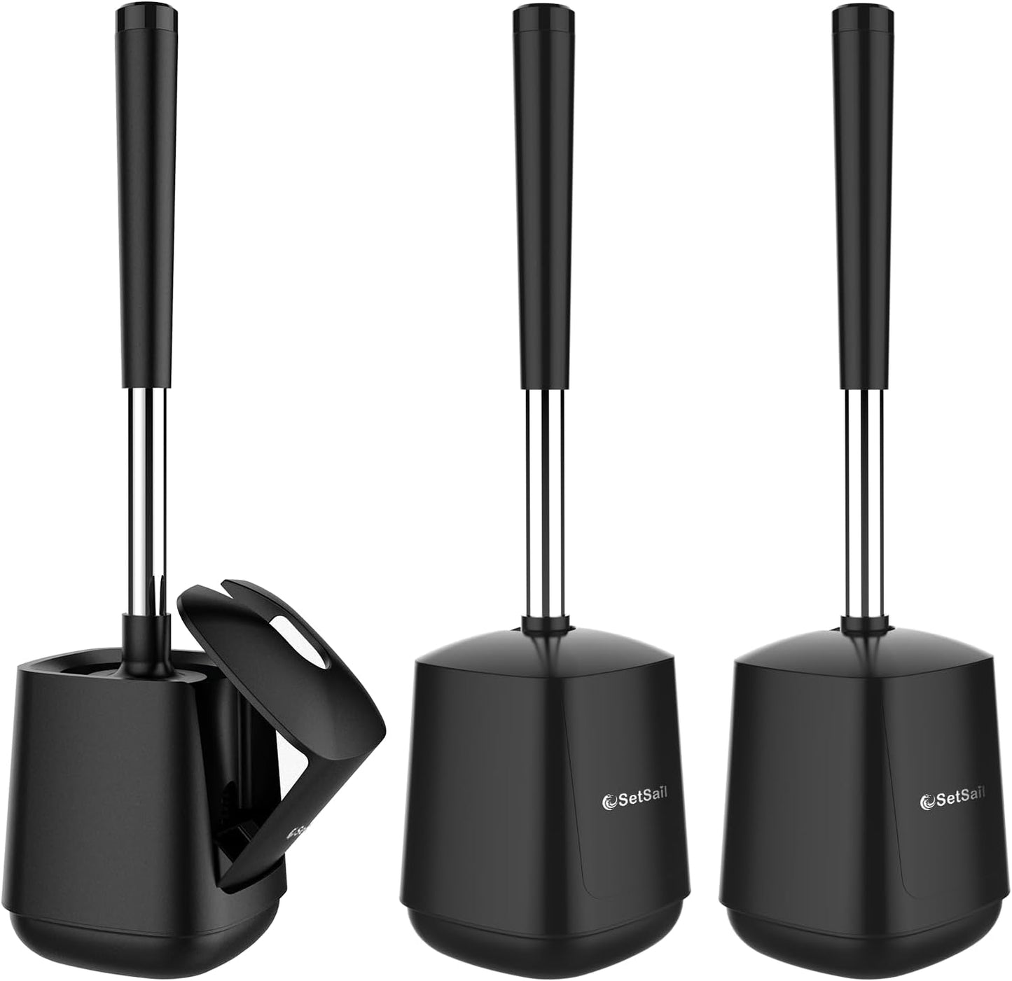 SetSail Toilet Brush and Holder 3 Pack, Self Closing Lid Toilet Bowl Brushes Holder Extra Long Handle Ventilated Toilet Brush Set for Bathroom Cleaning, Nylon Bristles, Black