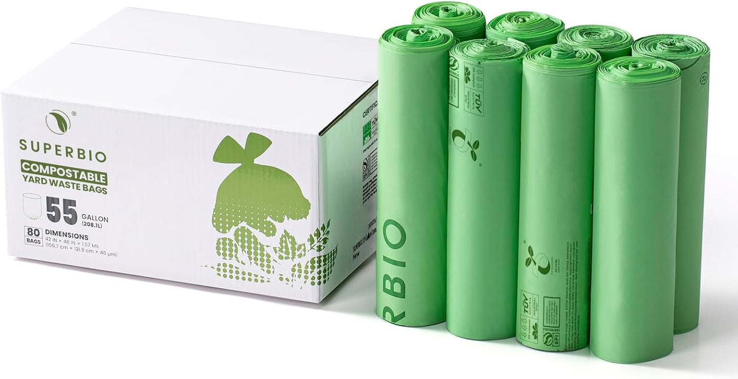 SUPERBIO 55 Gallon Compostable Yard Waste Bags, Lawn & Leaf Bags, Heavy Duty Extra Thick 1.57 Mil, (80 Count Bulk), 208.1 Liter, BPI and OK compost INDUSTRIAL