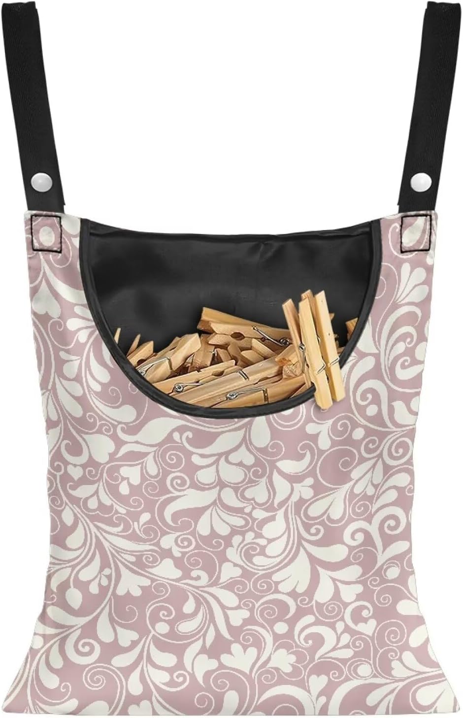 High Capacity Clothespin Holder Bag 14.5x12 Inches - Durable Outdoor Storage with Wide Opening for Clothesline Organization Hanging Loop & Button Closure Heart Shape Floral Print Pink