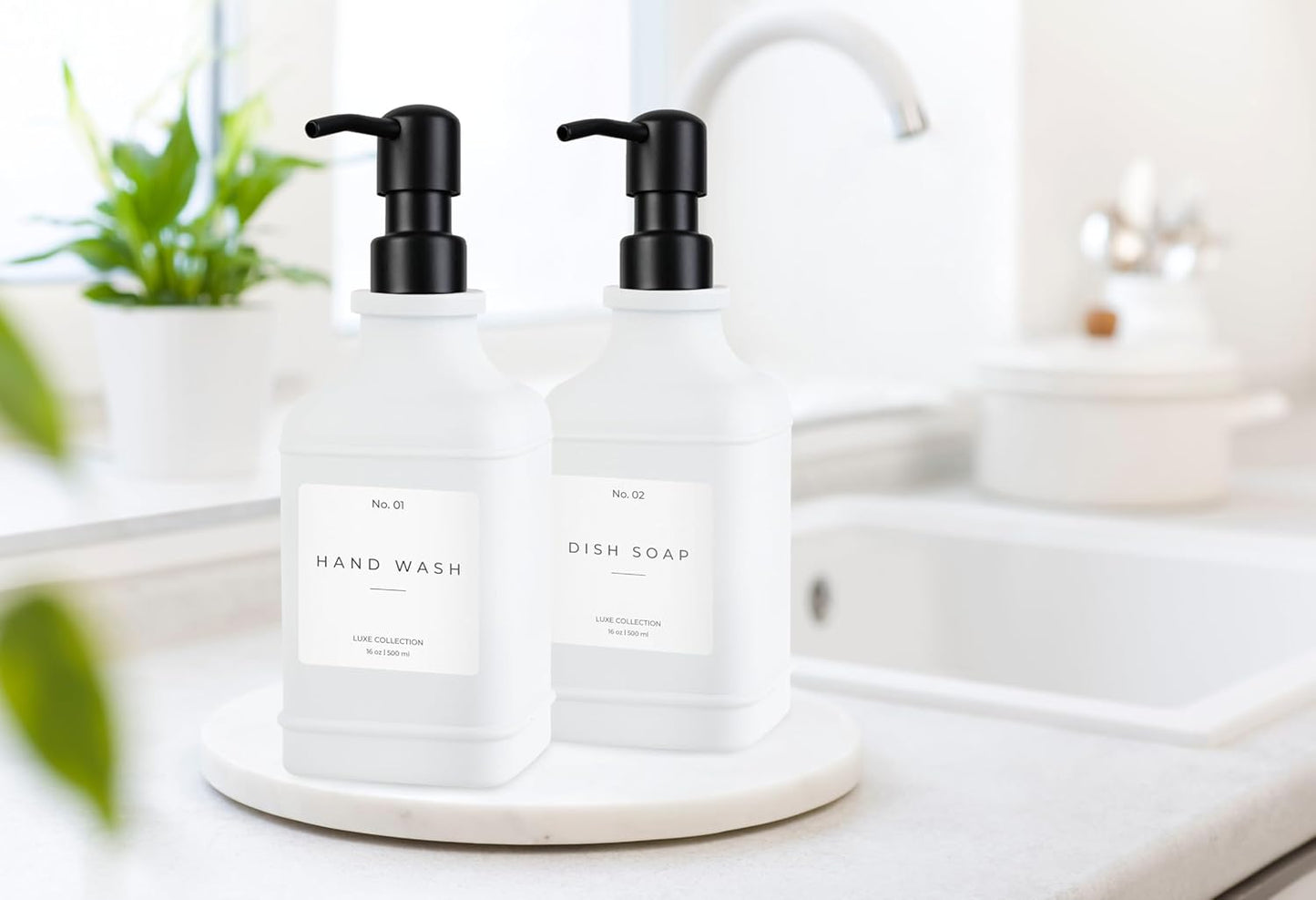 Emerson Essentials Soap Dispenser, Dish Soap Bottle Dispenser, Farmhouse Hand Soap Dispenser, Kitchen Soap Dispenser Set - Glass Soap Dispenser with Pump and Labels, 16 Oz, 2 Pack