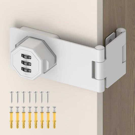 90 Degree 3-Digit Combination Cabinet Lock, Zinc Alloy Keyless Folding Hasp Lock Latch, Password Security Rotary Door Latch for Office File Cabinet, Drawer, Locker, Cupboard (1, White)