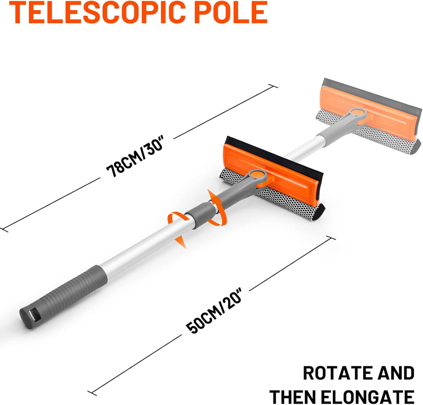 eazer Professional Window Squeegee, 2-in-1 Rotatable Squeegee for Window Cleaning Kit, Window Cleaner Tool, Window Washing Equipment Kit with Extension Pole (20''-30'') for Shower/Windshield - 2 Head