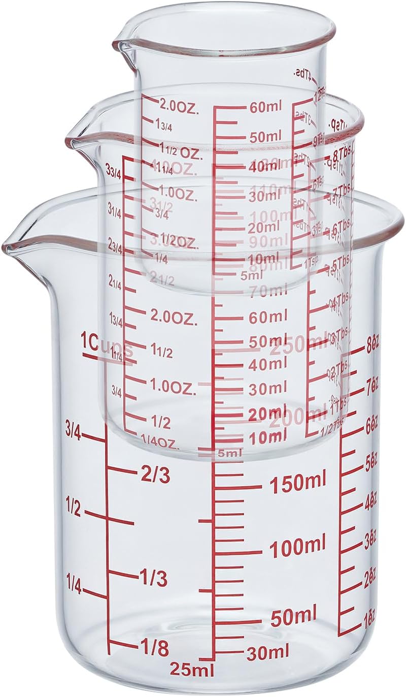 Ackers High Borosilicate Glass Measuring Cup Set with Pour Spout,60ml(2OZ),120ml(4OZ), 250ml(8OZ) Glass Measuring Beaker for Kitchen or Restaurant, Easy to Read