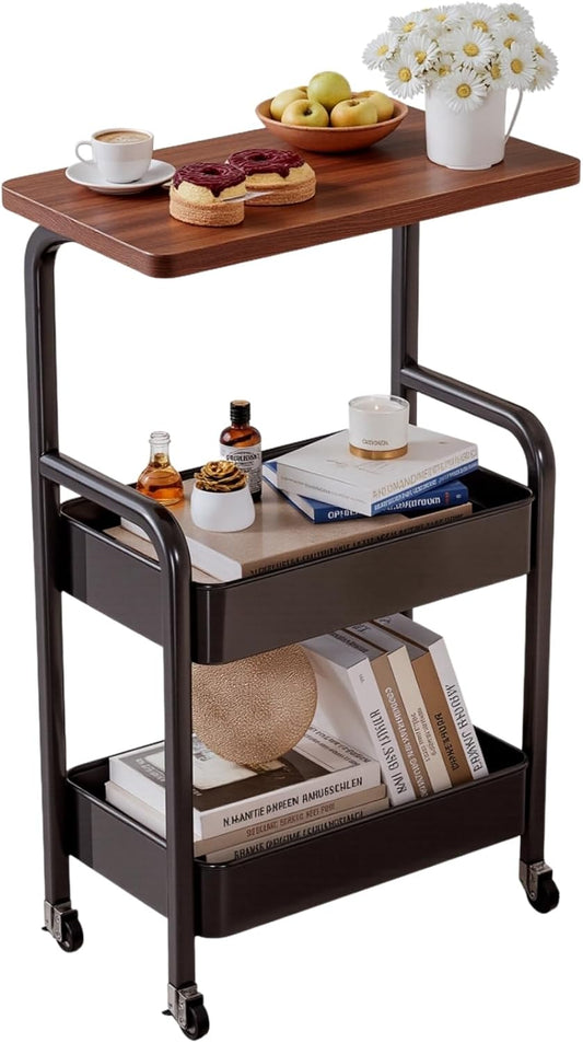 3 Tier Metal Rolling Utility Cart Organizer with Walnut Table Top, Stable and Sturdy Rolling Storage Carts with 2 Lockable Wheels for Kitchen，Bathroom，Snacks，Coffee，Craft，Makeup，Baby Essentials
