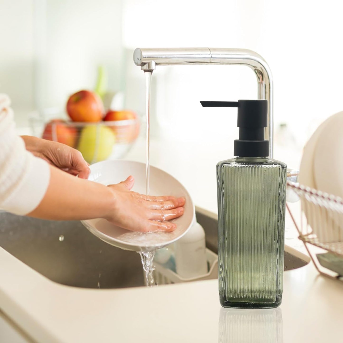 Green Glass Soap Dispenser with Black Pump, 12oz Refillable Liquid Hand Dispenser, Lotion Dish Soap Dispenser for Modern Home Decor, Bathroom, Kitchen Countertop, Hotel