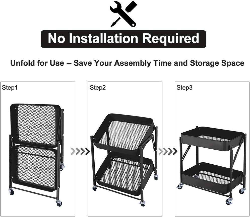 2-Tier Metal Folding Rolling Cart, Mobile Utility Cart Trolley Storage Organizer for Office Home Kitchen Organization, Sofa Side End Table with Wheels, Black