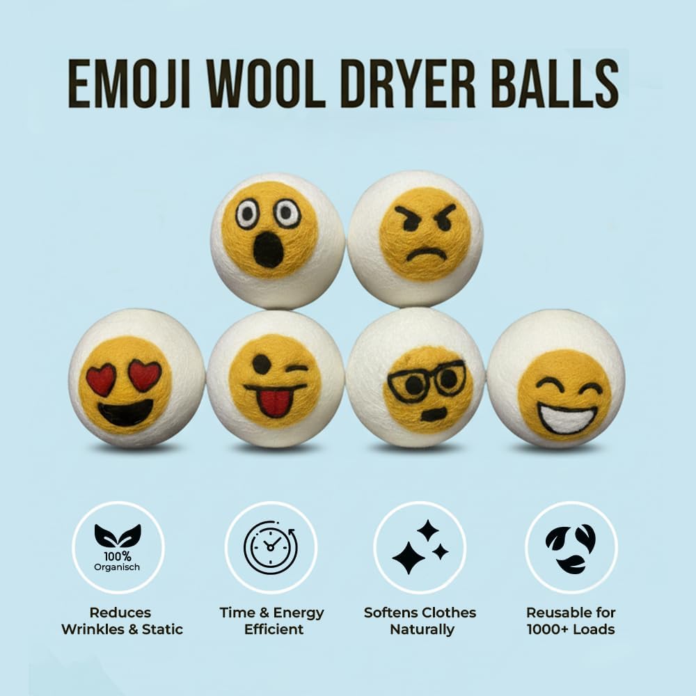 Ezhippie Quality Wool Dryer Balls - 6 XL Emoji Pack - 1000+ Loads - Pure Organic Wool - Reusable Natural Fabric Softener Perfect with Essential Oils, Reduce Clothing Static and Wrinkles