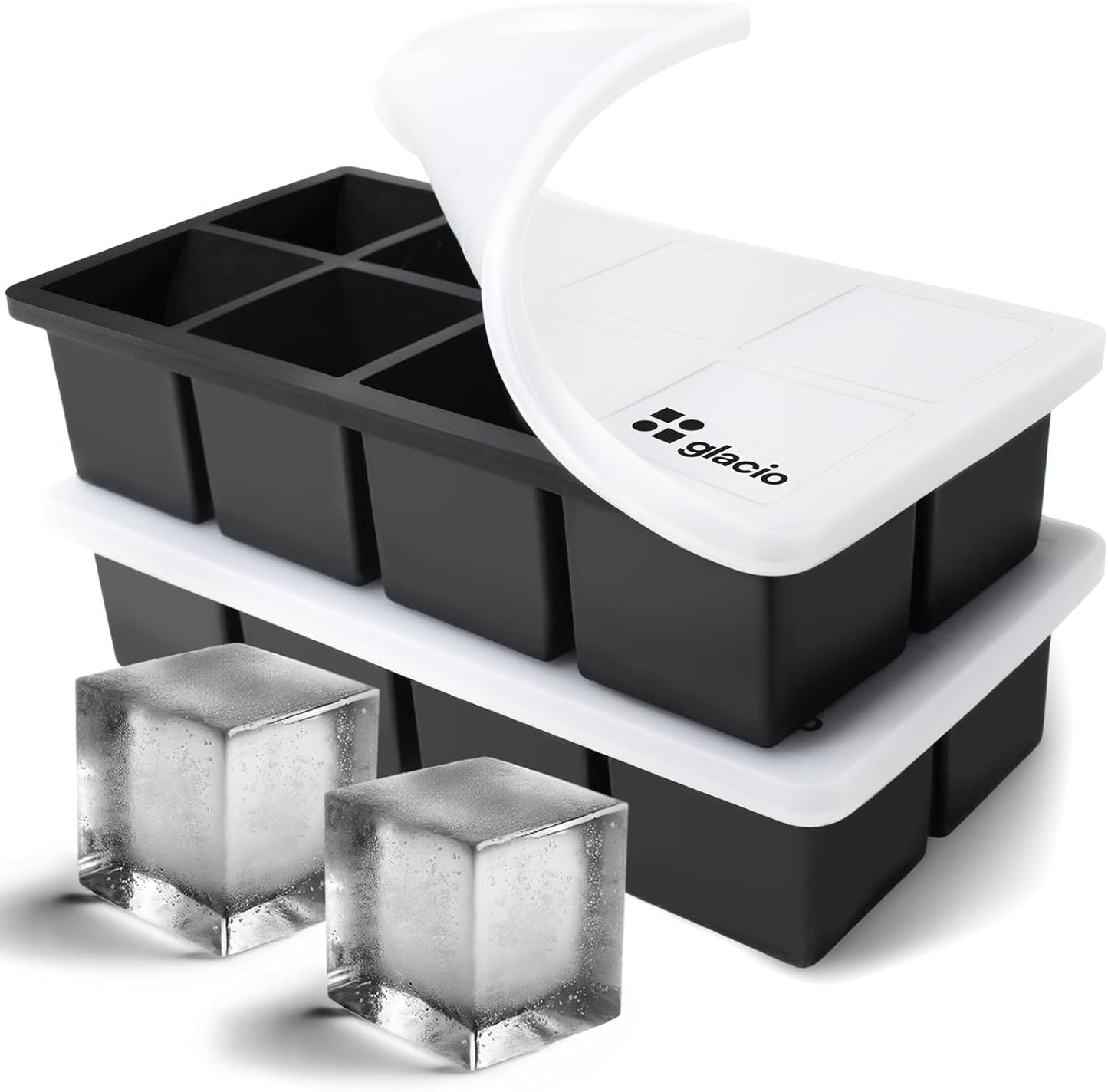 glacio Ice Cube Molds – 2-Pack Silicone Trays for 8 Large Square Cubes – Slow-Melt Ice for Whiskey, Cocktails, Coffee & More