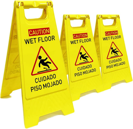 3-Pack Caution wet floor sign, 24 in. (approx. 60 cm) Height,Bright Yellow Double-Sided Folding A-Shaped Frame Design, Bilingual Caution Message