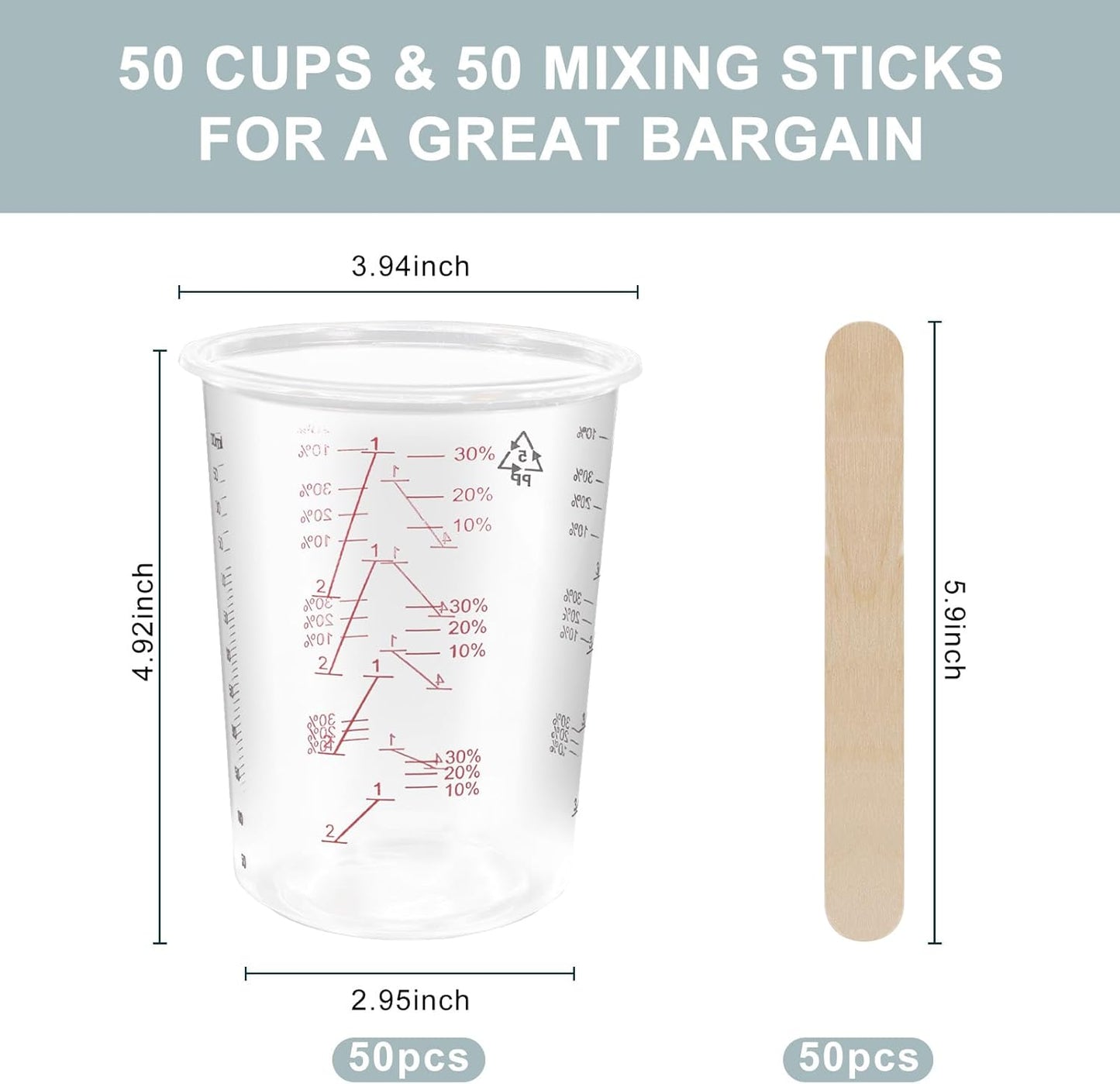 50-Pack Mixing Cups Set Paint Mixing Cups 20 oz (600ml) with 50 Wooden Sticks,Easy Measuring Ratios 2:1, 3:1, 4:1,Ideal for Epoxy Resin, Paint, and More