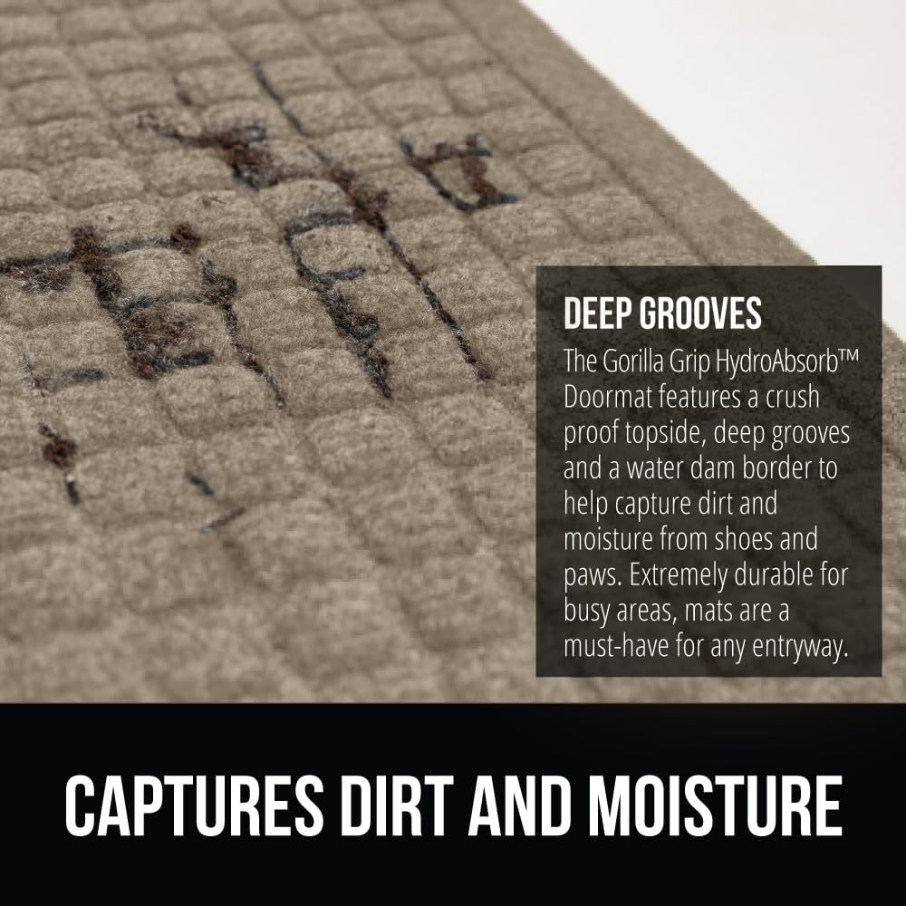 GORILLA GRIP Front Door Mat, 72x24, Indoor Outdoor Ultra Absorbent HydroAbsorb Doormat, Absorbs Up to 2.75 Cups of Water, Stain and Fade Resistant, Rubber Backing Doormats, Captures Dirt, Beige